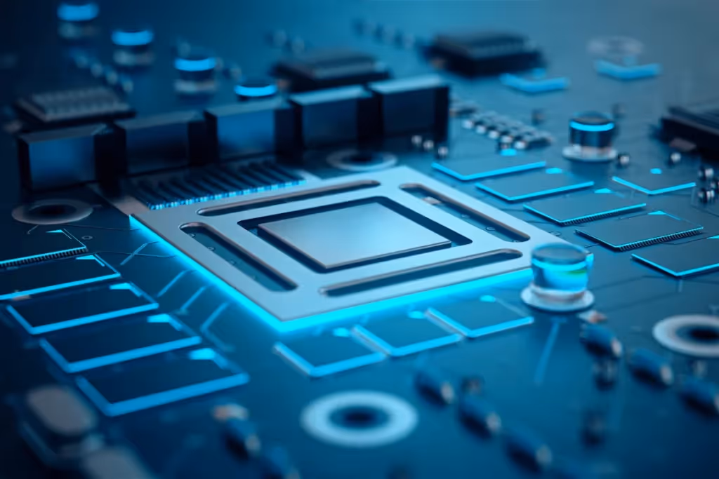Close-up of a circuit board with a glowing central processor in blue tones, symbolizing technology.