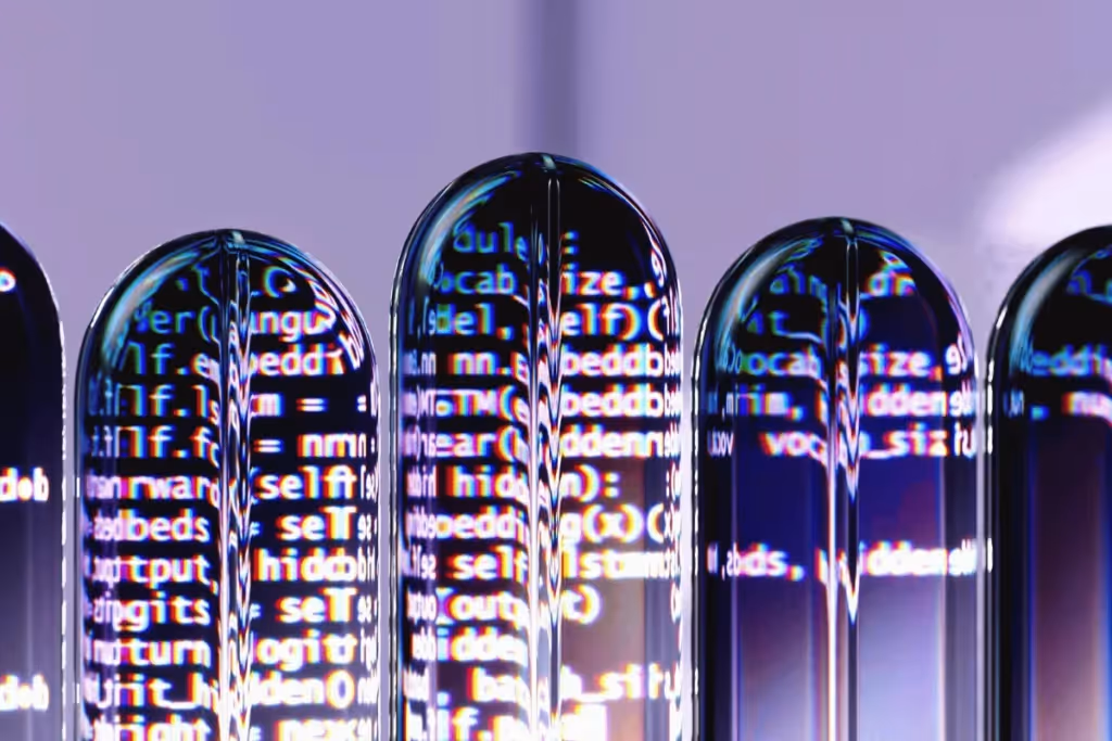 Abstract image of code reflected in glass tubes on a purple background.