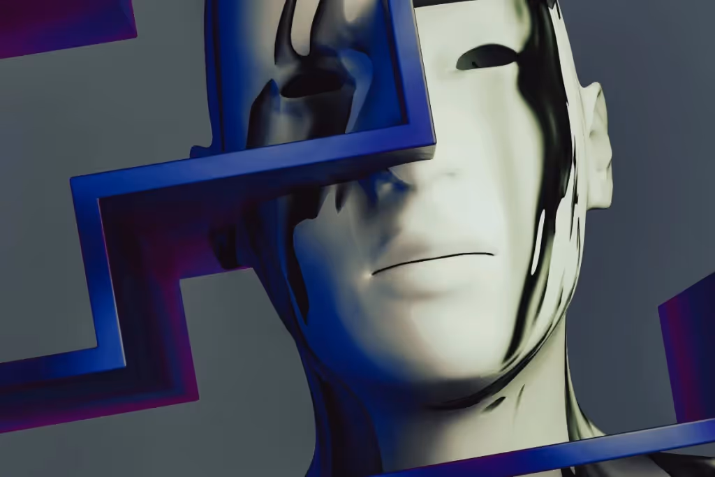 Abstract image of a stylized face with blue geometric shapes overlaying it.