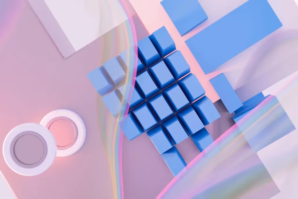 Aerial view of a creative arrangement of cubes and circles in a futuristic design.