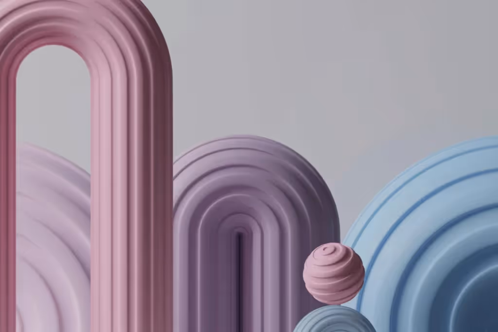 Modern 3D composition of curved structures and a spherical element in soft hues.