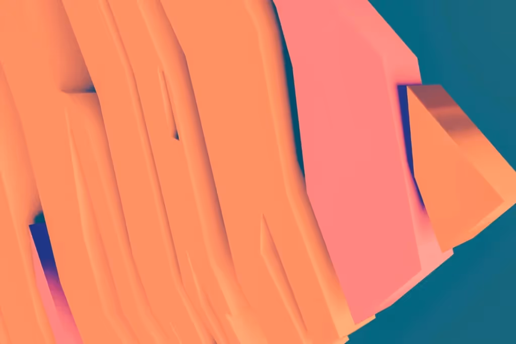 Abstract 3D design with layered orange and pink shapes on a teal background.