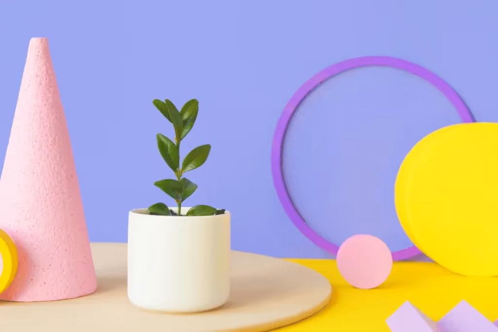 Modern abstract composition with a green plant in a white pot, pink cone, and vibrant shapes on a pastel background.
