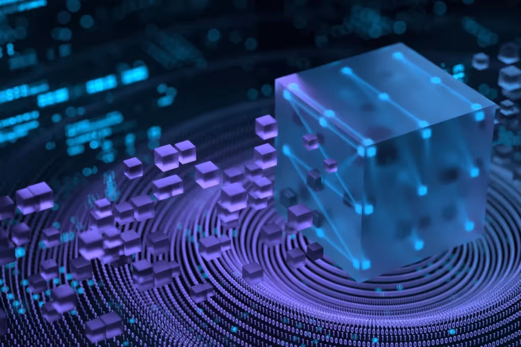 Abstract representation of cubes in a blue and purple tech ecosystem.
