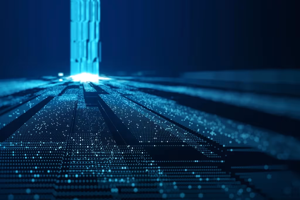 Digital abstract technology background with glowing lines and dots.