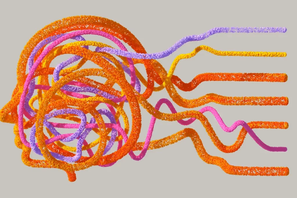 Colorful 3D strands of textured orange, yellow, pink, and purple lines in a tangled, abstract arrangement on a light background.