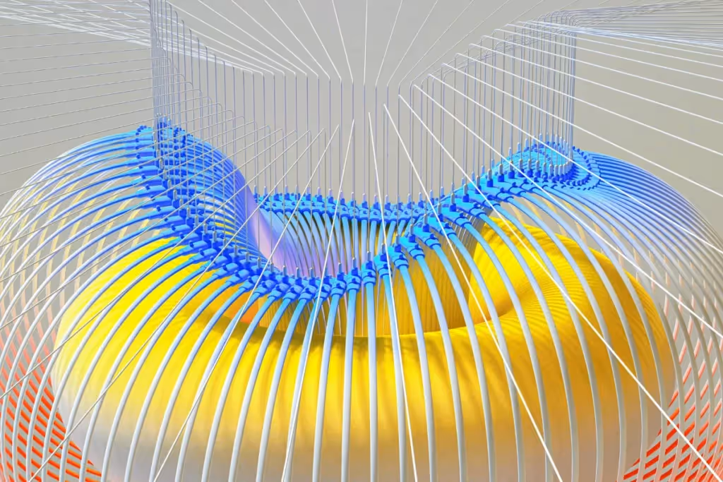 Abstract 3D artwork of interwoven white and blue lines forming a web-like structure over a yellow sphere with a red gradient on a light background.