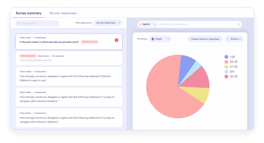 Screen displaying a survey summary with various responses and a pie chart showing age distribution.