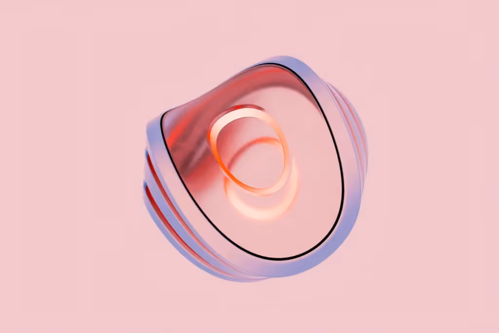Abstract 3D object with a smooth, transparent surface featuring soft pink and orange gradients.