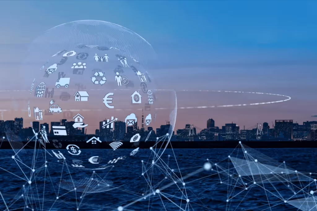 A digital globe with icons over a city skyline at dusk, symbolizing a connected smart city.