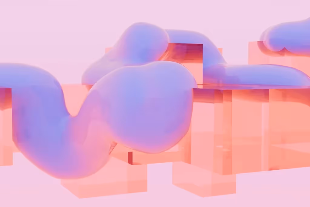 Abstract pink and purple translucent shapes with a soft glow against a gradient background.