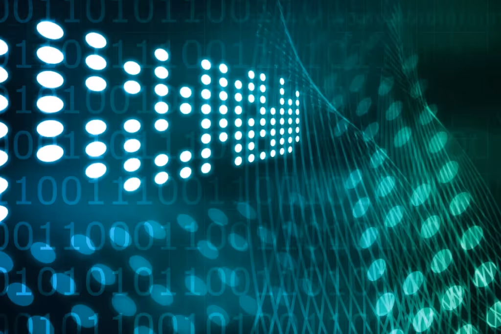 Abstract digital background with glowing binary code and dotted patterns.