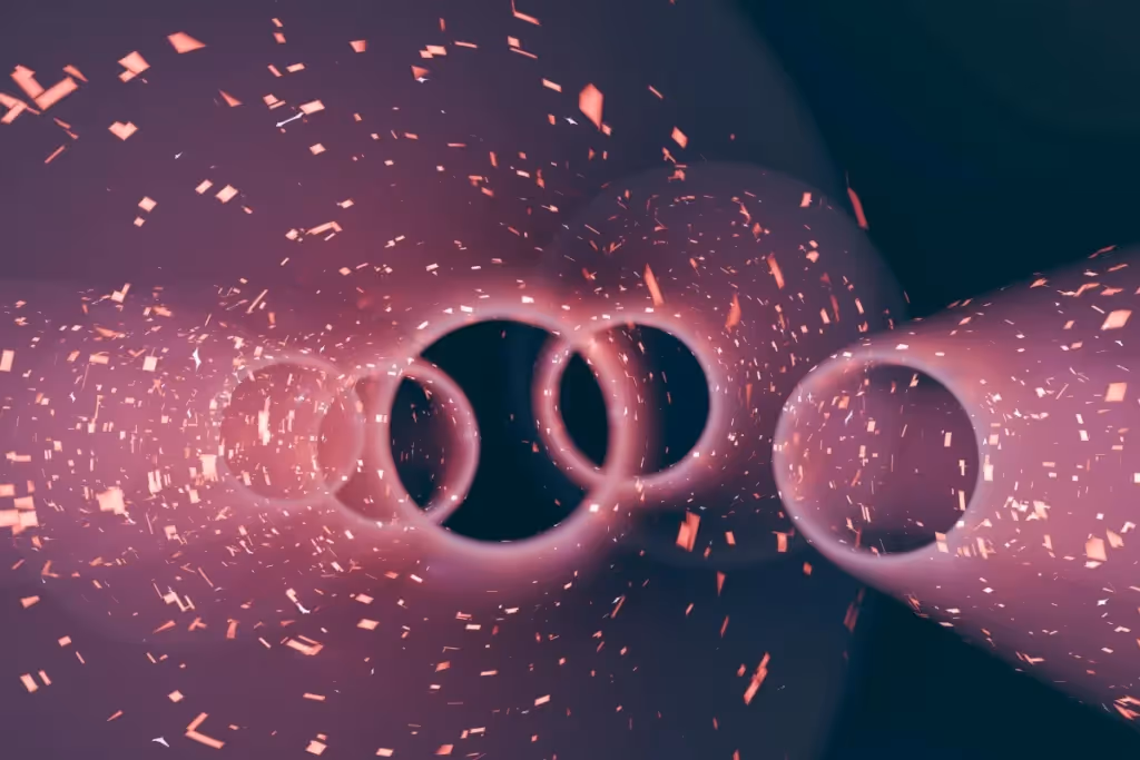 Abstract glowing rings with floating pink particles on a dark background.