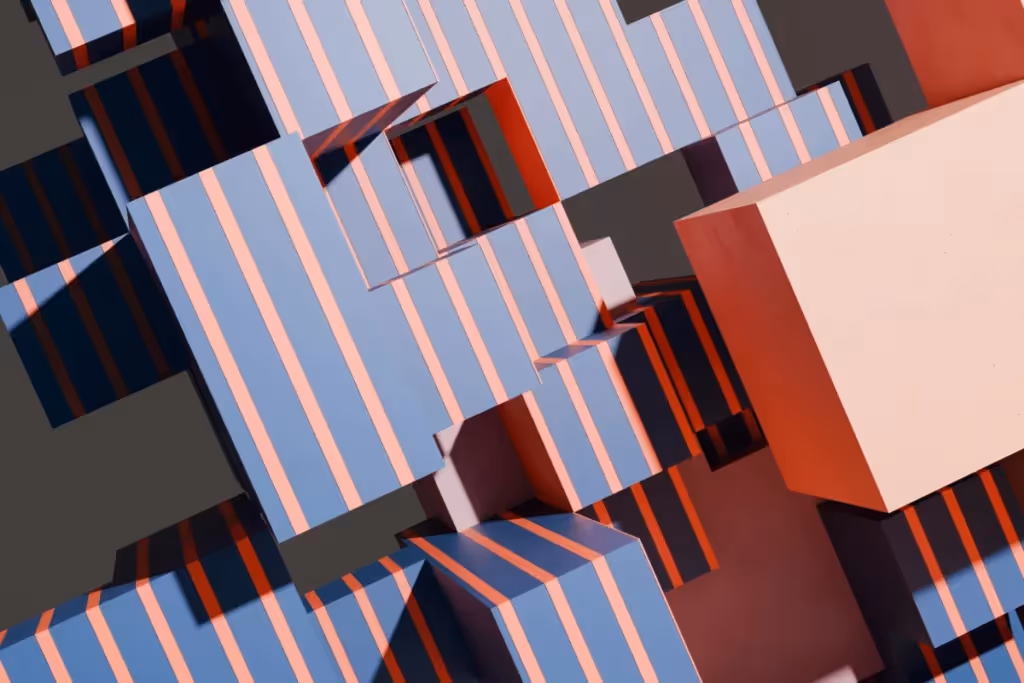 Abstract 3D geometric composition with striped blue and orange blocks.