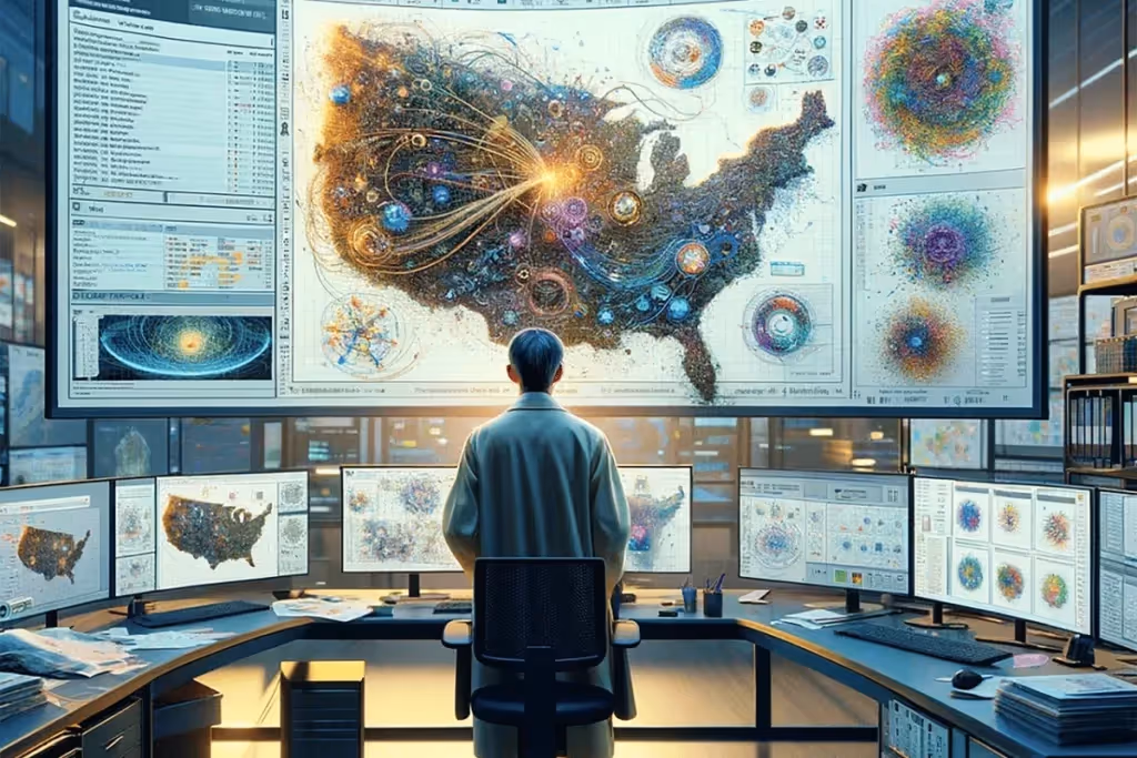 Researcher analyzing interconnected data visualizations on a large screen in a high-tech control room.