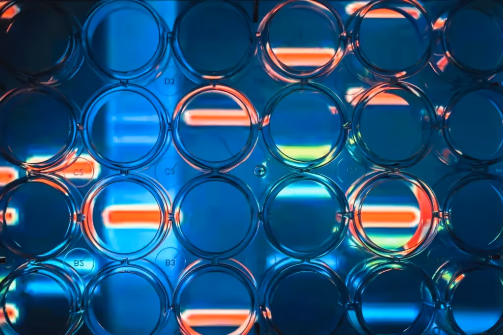 Circular wells in a multi-well plate showcasing bright neon light patterns.