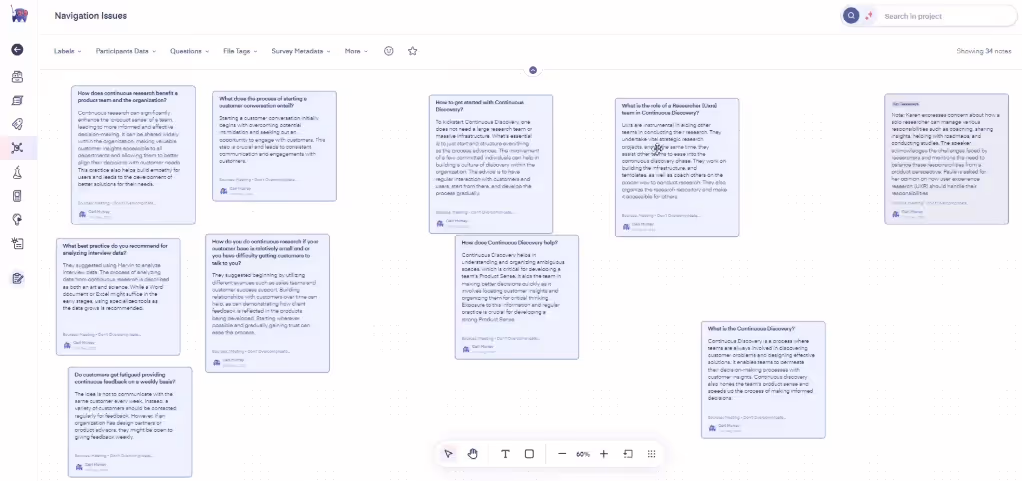 Screenshot of a digital note-taking application with multiple text notes on a board, discussing various research topics.