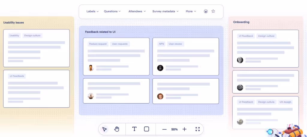 A digital project board with labeled columns and notes for UI feedback and issues.