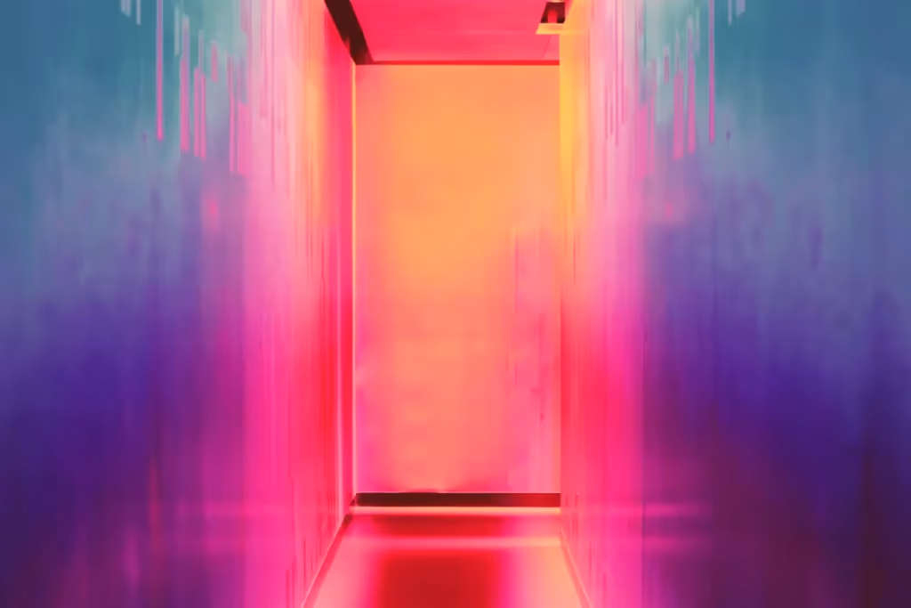 A walkway with vibrant, colorful illuminated with gradient hues of pink, purple, and orange, creating a surreal atmosphere.