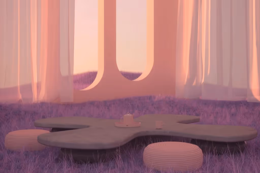 Cozy interior with soft pink and purple lighting, a low table, and minimalist design elements.