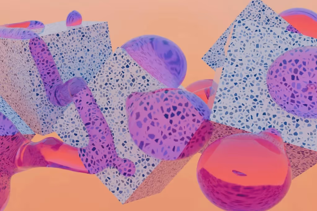 Abstract 3D composition with patterned cubes and spheres in pink and purple hues on an orange background.