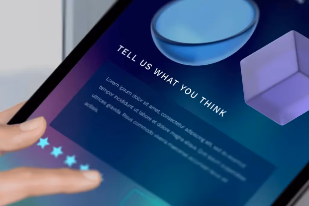 A sleek tablet interface showcasing a feedback form with a modern design.