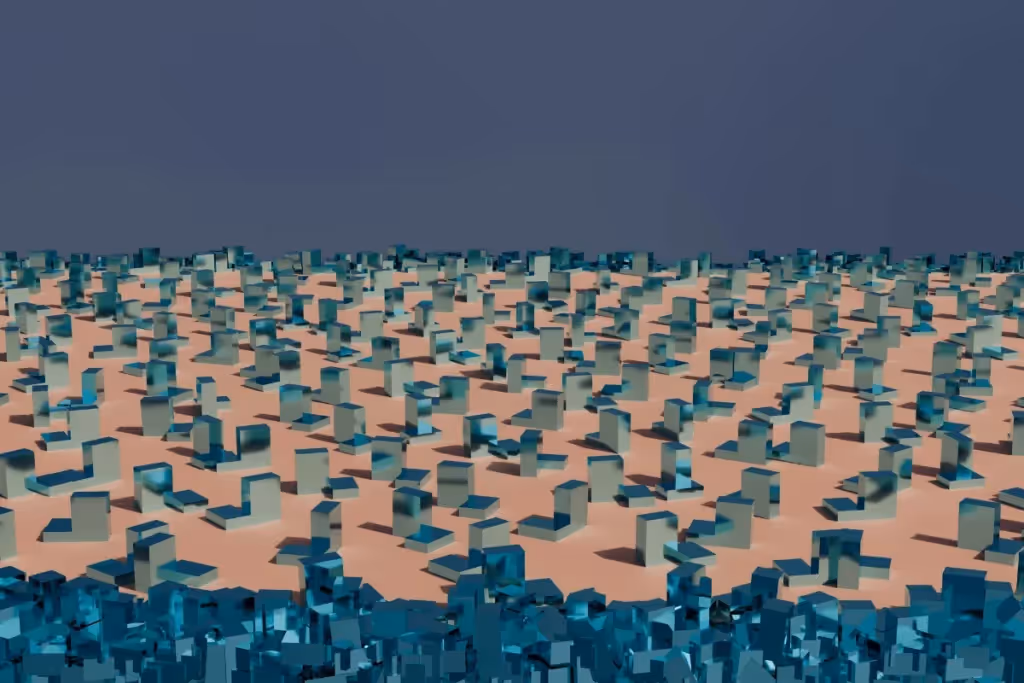 3D rendering of a vast field of reflective blue cubes on a tan surface.