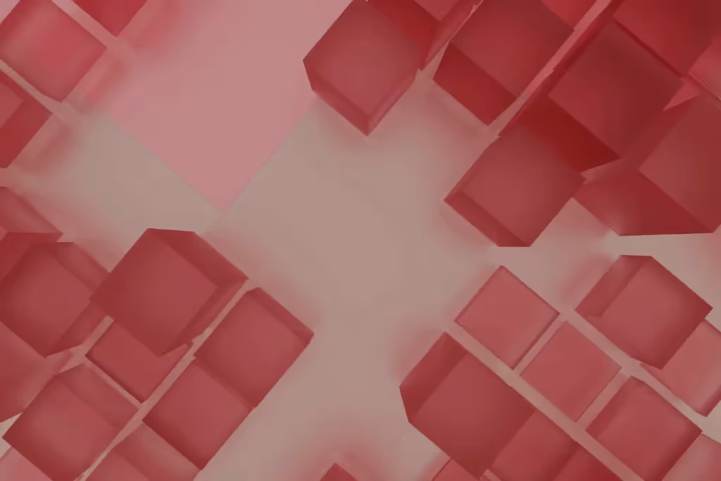 Red-toned cubes arranged dynamically to form depth and layers.