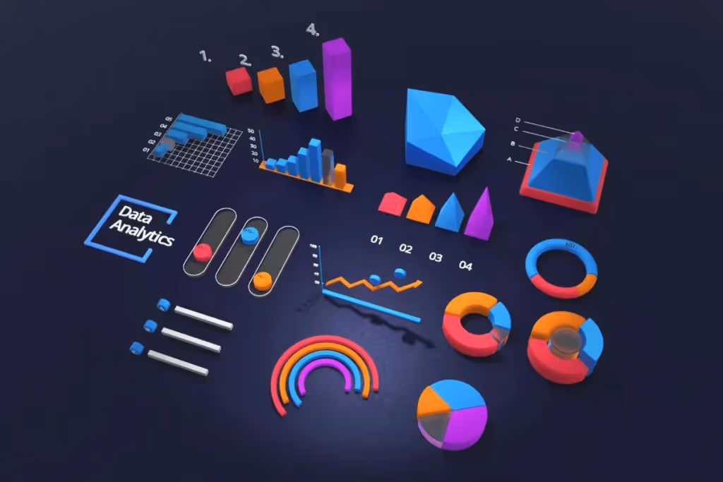3D data visualization with colorful charts and graphs on a dark background.