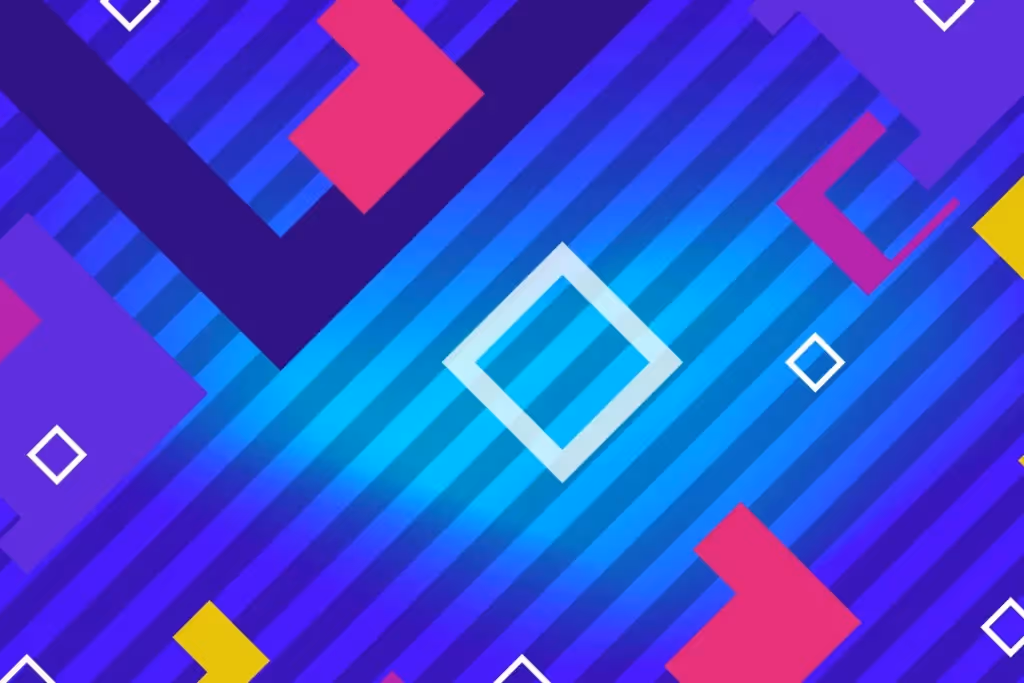 A vibrant geometric design featuring diagonal blue stripes in the background with bold, colorful shapes like pink squares, yellow accents, and white outlines.