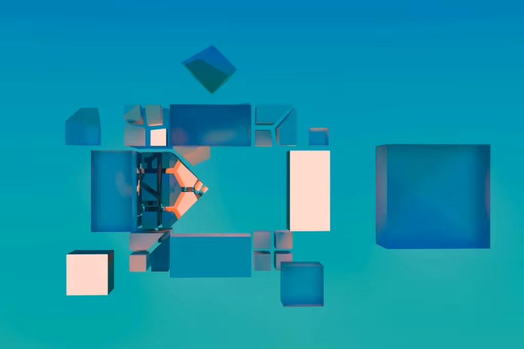 Abstract arrangement of floating geometric shapes in a cyan-blue gradient background.