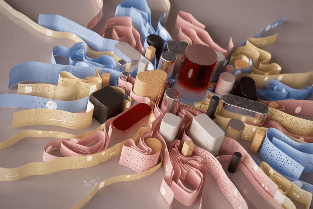 Abstract composition with pastel ribbons and geometric shapes in beige, pink, and blue.