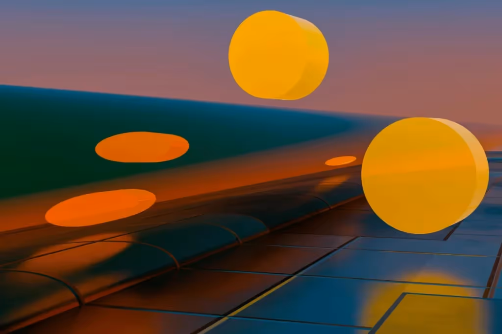 Abstract digital artwork featuring floating yellow spheres over a reflective surface.