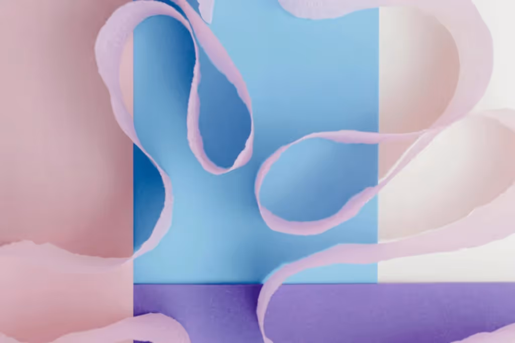 Abstract paper art with torn pastel pink and blue paper strips creating a dynamic composition.