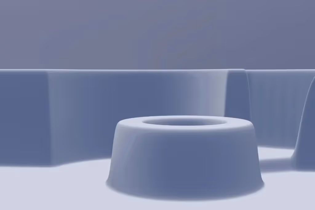 Abstract, smooth blue shapes create a minimalist landscape with a circular depression in the center, evoking a serene atmosphere.