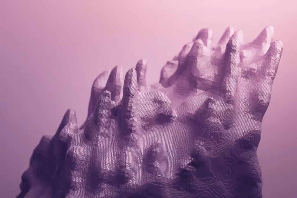 A translucent, textured mountain-like structure in various shades of purple against a soft, gradient background.