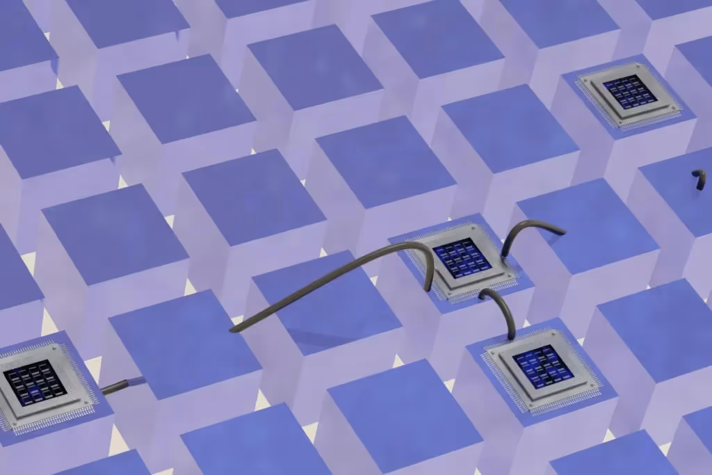 Futuristic microchips linked through curved cables on a blue cube matrix.