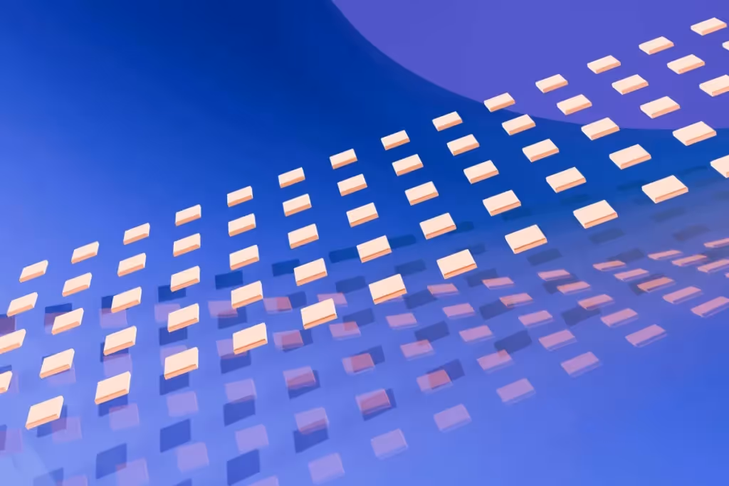 Stylized 3D floating squares arranged in a curved grid formation on a blue background.