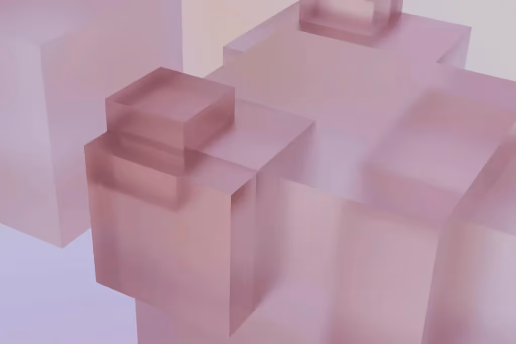 Futuristic design with layered glass-like cubes in a smooth, pink-toned composition.