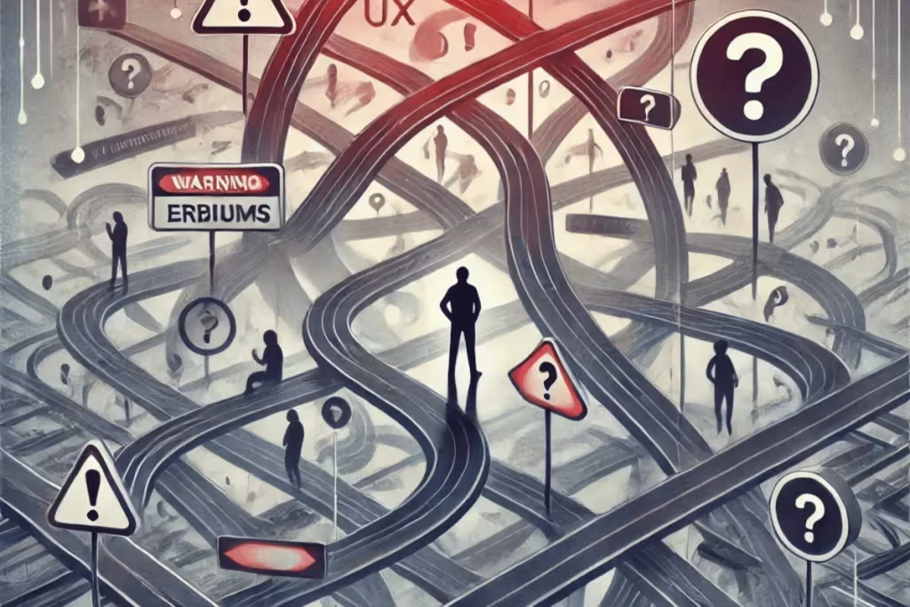 Surreal digital artwork depicting a maze of tangled roads with question marks and warning signs, symbolizing UX design complexity.