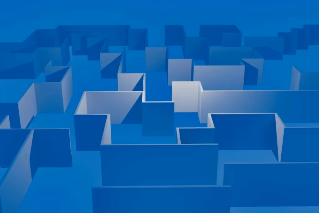 Surreal digital landscape featuring interconnected blue walls.