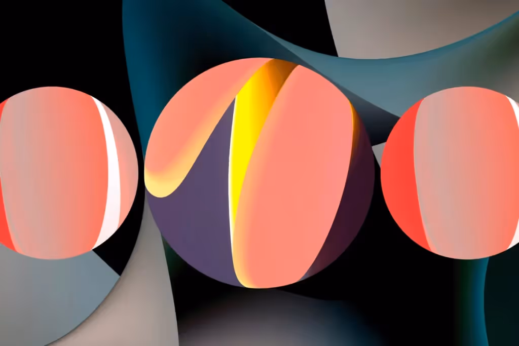 Futuristic digital artwork featuring vibrant geometric spheres on a dark background.