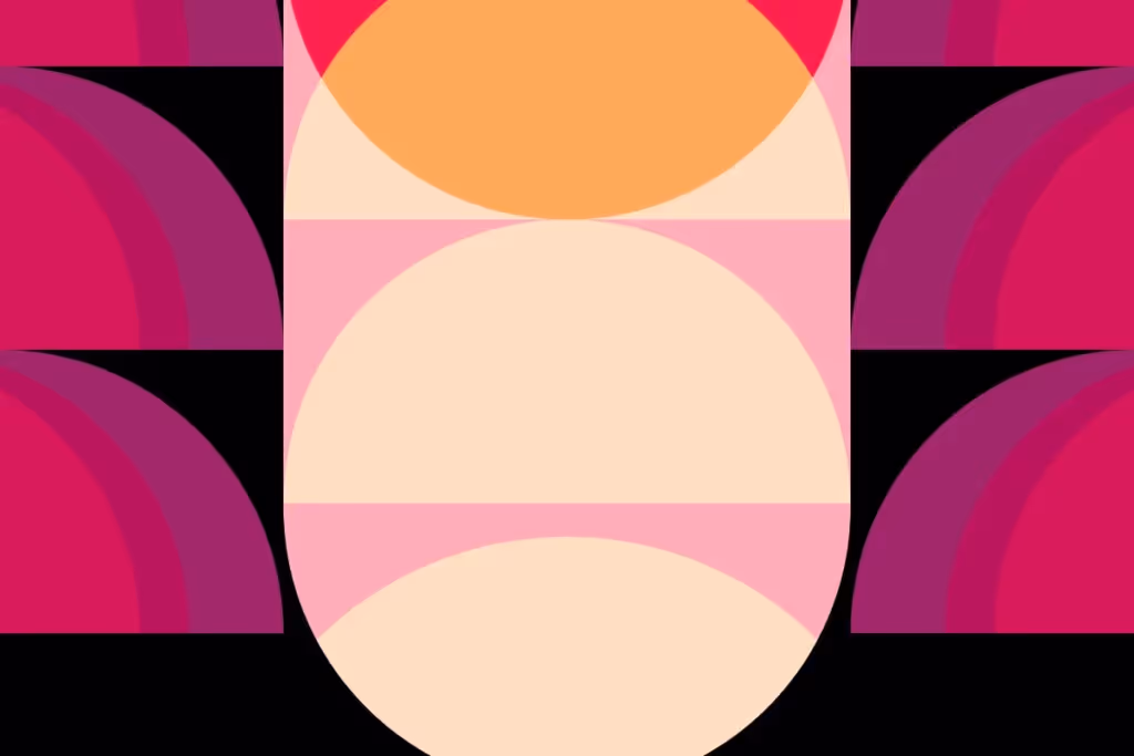Geometric abstract artwork with bold pink, orange, and beige shapes.