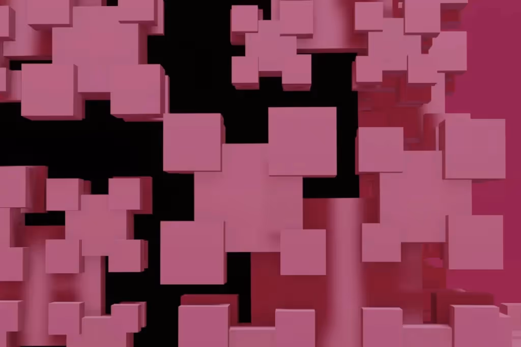 Modern digital art with floating square elements on a black background.