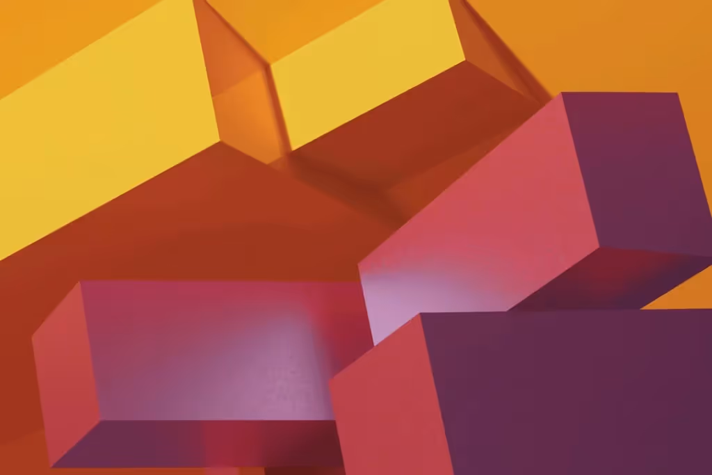 Abstract 3D geometric composition with red and yellow rectangular blocks.