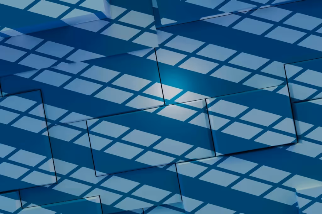 Futuristic digital artwork featuring overlapping glass-like rectangles.