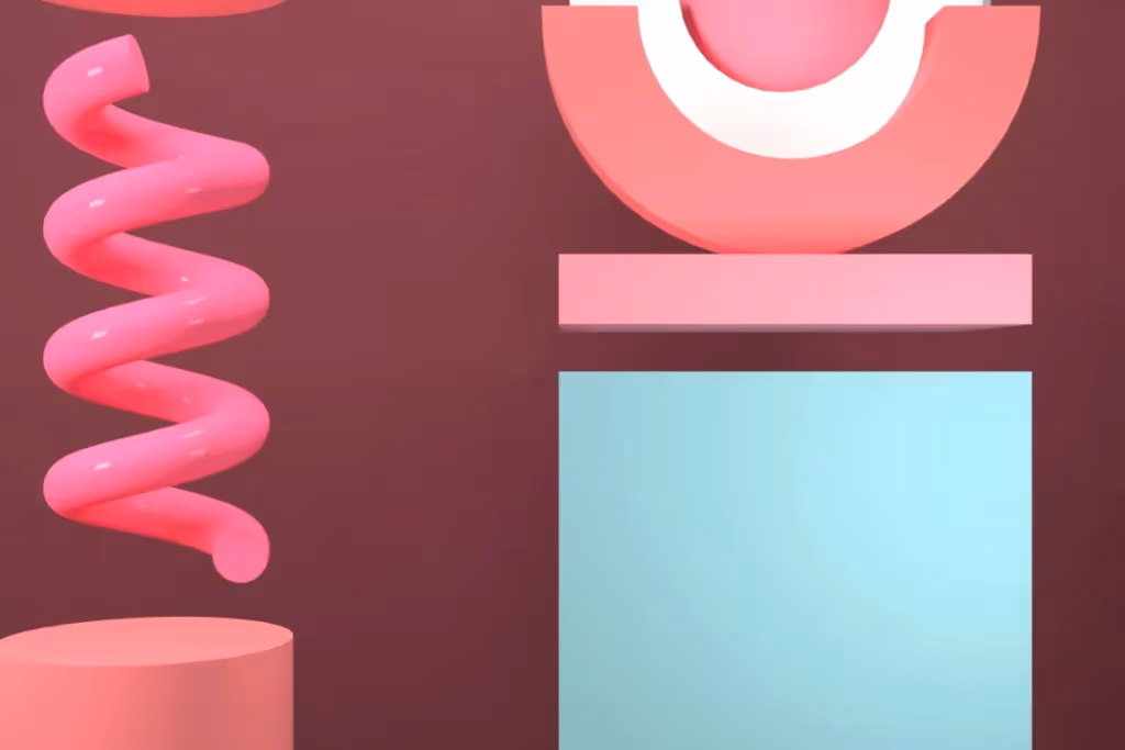 A modern art composition featuring a pink spiral and colorful geometric shapes.