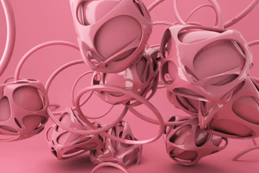 Abstract 3D shapes with pink glossy surfaces interwoven with loops.