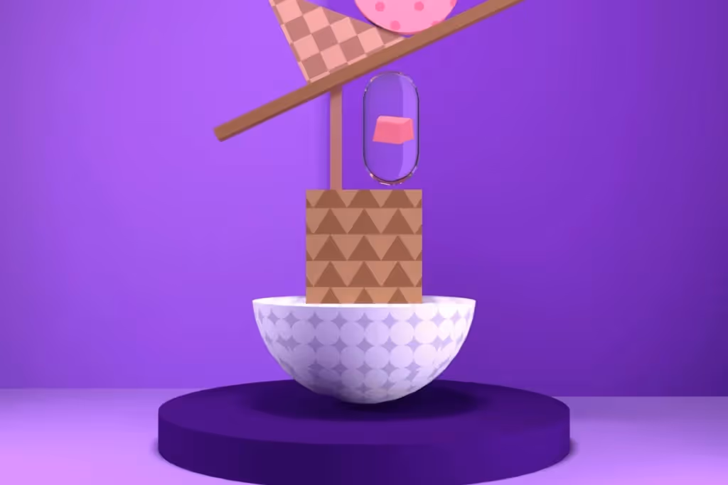 Abstract geometric design with shapes in various colors floating above a bowl.