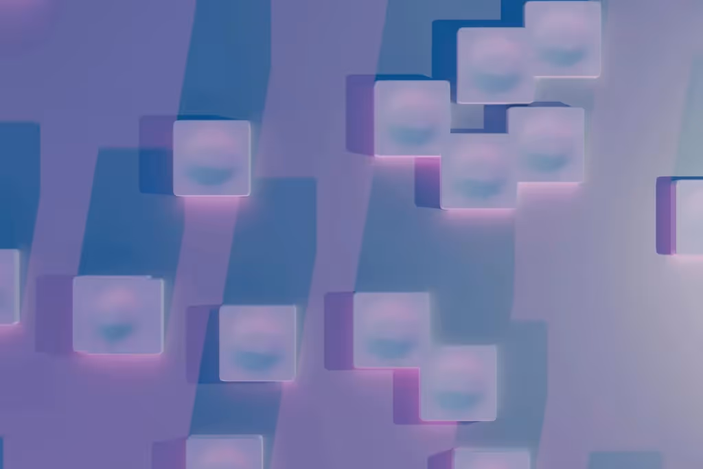 A soft pastel background with scattered translucent cubes creating a minimalistic geometric pattern.